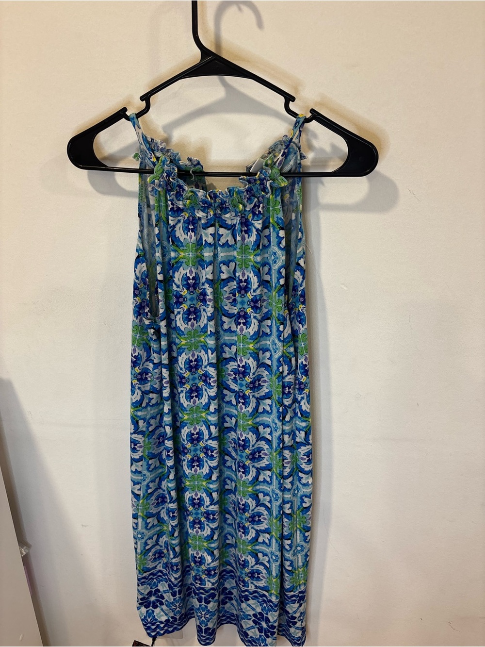 London Times Blue Green Floral Long Flowy Top with Cinched Neckline